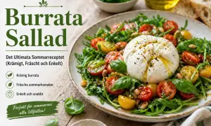 En krämig burrata sallad med körsbärstomater, ruccola och basilika. Ett perfekt sommarrecept!