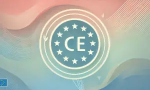 Le pictogramme CE, symbole de conformité européenne, est au centre d'un fond aux teintes douces de rose et bleu.