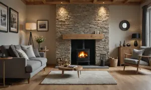 Gemütliches Wohnzimmer mit Kaminofen, davor ein Couchtisch. Die Steinwand hinter dem Kaminofen ist mit einer Holz-tapete hinterlegt.