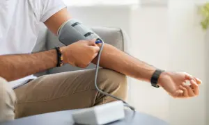 Mężczyzna mierzy ciśnienie krwi za pomocą ciśnieniomierza. Dba o swoje zdrowie, monitorując parametry życiowe, co jest kluczowe dla profilaktyki, np. w ramach **torsemed**.