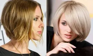 Dwie kobiety prezentują stylowe, krótkie fryzury bob. Jedna ma brązowe, falowane włosy, druga blond, proste.
