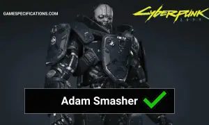Adam Smasher, potężny cyborg z Cyberpunk 2077, w pełnej zbroi.