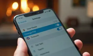 Dłoń trzyma smartfon z otwartym menu "Ustawienia", gdzie widoczna jest opcja "Change PIN".