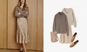 Eleganckie stylizacje boho jesień: satynowa spódnica w cętki, beżowe swetry, torebka i mokasyny.