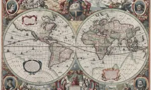 Stara, kolorowa mapa świata z portretami i ozdobnymi ramkami.