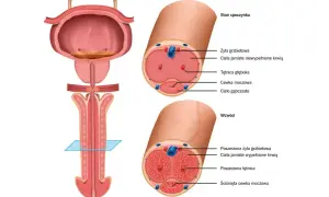 Anatomia prącia konia w stanie spoczynku i podczas wzwodu, z zaznaczonymi ciałami jamistymi, tętnicami i cewką moczową.