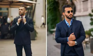 Zwei Männer in eleganten Anzügen, perfekt für eine **dresscode party chic** Veranstaltung. Einer richtet seine Krawatte, der andere trägt Sonnenbrille.