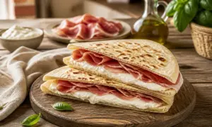 Deux piadines garnies de jambon et de fromage crémeux, prêtes à être dégustées. Une idée simple pour une recette piadina au four réussie.