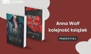 Okładki książek Anny Wolf: "Rider" z przystojnym mężczyzną w skórzanej kurtce i "Serca z papieru" z rozdartym sercem. Idealne dla fanów gangsterów.