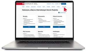 Na ekranie laptopa widoczny jest Internetowe Konto Pacjenta. Kliknięcie w "Moje konto" pomoże Ci dowiedzieć się, jak sprawdzić do jakiego oddziału NFZ należysz.