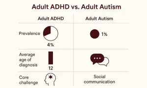 Porównanie ADHD i autyzmu u dorosłych: autyzm u dorosłych występuje u 1%, głównym wyzwaniem jest komunikacja społeczna.