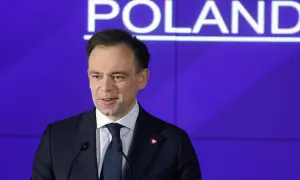 Mężczyzna w garniturze przemawia na tle napisu "POLAND". Dyskutuje o przyszłości cyfrowej gospodarki i potencjalnym podatku cyfrowym.