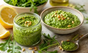 Frisches Rucola Pesto ohne Parmesan, garniert mit Pinienkernen, neben Zitronenspalten und Rucolablättern.
