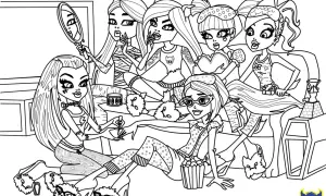 Un grupo de amigas de Monster High se prepara para una noche de diversión. ¡Un dibujo de Monster High para colorear!