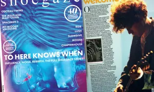 Okładka magazynu o shoegaze z zespołami jak My Bloody Valentine. W tle artysta z burzą włosów.