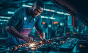 Mécanicien concentré sur le moteur, vérifiant le servo frein. La lumière éclaire les pièces complexes.
