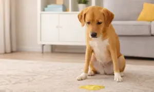 Trauriger Hund sitzt neben gelbem Fleck auf Teppich. Er hat wohl etwas erbrochen.