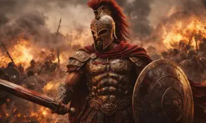 Ares, bóg wojny, w zbroi i z mieczem, na tle bitwy i płomieni.