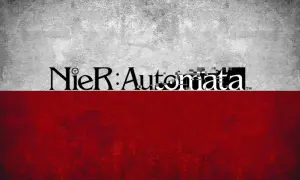 Logo Nier: Automata na tle przypominającym polską flagę. Czekamy na nier automata spolszczenie!