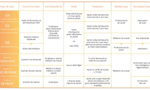 Tableau résumant les types de suivi, les visites, les délais, la fréquence, le professionnel et le document remis, incluant l'attestation visite médicale travail.