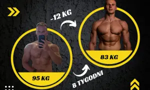 Sylwetka kulturysty przed i po 8 tygodniach treningu. Z 95 kg do 83 kg, utrata 12 kg.
