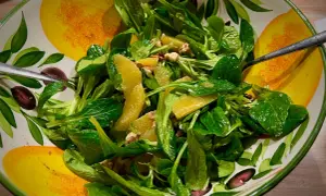 Frischer Feldsalat mit saftigen Orangenspalten und Nüssen, serviert in einer bunten Schüssel mit Zitrusfrüchten-Motiv.