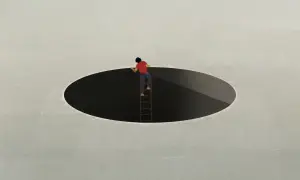 Iemand die altijd een weerwoord heeft, klimt met een ladder uit een zwart gat.