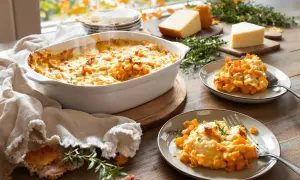 Un délicieux gratin patate douce, doré et gratiné, servi dans un plat blanc et sur deux assiettes. Des morceaux de fromage et des herbes complètent cette scène automnale.