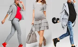 Trzy kobiety w ciąży prezentują stylową modę ciążową: elegancki zestaw z marynarką, zwiewną sukienkę i casualowy look z jeansami.
