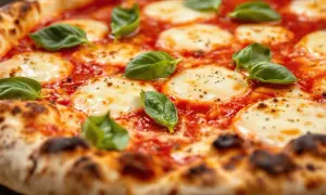En närbild av en napolitansk pizza med smält mozzarella, tomatsås och färsk basilika. Ost till napolitansk pizza är perfekt!