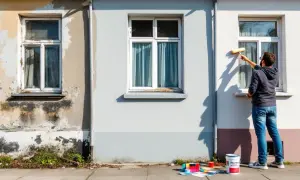 Un homme effectue la rénovation de façade d'une maison, appliquant de la peinture fraîche sur le mur extérieur.