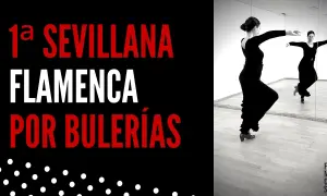 Mujer bailando flamenco por bulerías en un estudio.