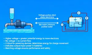 Vergleich von Wasserpumpe und Batterie: Spannung schiebt Elektronen wie Wasserdruck. Der effektivwert wechselspannung ist entscheidend.