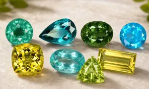 Variedad de gemas de apatito en tonos verdes, azules y amarillos, mostrando sus deslumbrantes propiedades.