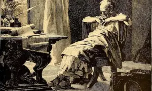 Archimedes, zamyślony, siedzi przy stole z zwojami. Żołnierz w hełmie stoi obok.