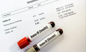 Wyniki badań HOMA-IR, kluczowe dla oceny insulinooporności. Dwa probówki z próbkami krwi.