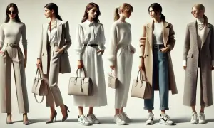 Sześć kobiet prezentuje eleganckie, casualowe stylizacje w odcieniach beżu i bieli.