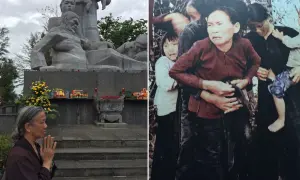 Minnesmärke över my lai massakern. En kvinna ber framför en staty. Till höger, en bild av skräck och lidande.
