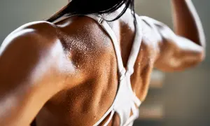 Dos de femme couverte de sueur après un entraînement intense. Elle montre que transpirer fait maigrir.