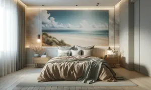 Beruhigendes Schlafzimmer mit Strandmotiv-Wandbild. Helle Farben und natürliche Materialien schaffen eine entspannte Atmosphäre – tolle Schlafzimmer Ideen.