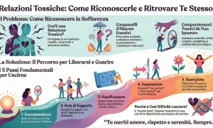 Un'immagine illustra i passi per uscire da relazioni tossiche, mostrando come riconoscere i segnali e guarire, evitando di far sentire in colpa una persona.