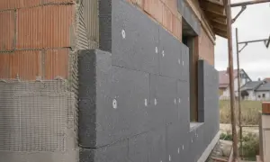 Izolacja ścian zewnętrznych z grafitowego styropianu, który charakteryzuje się niskim współczynnikiem izolacji cieplnej lambda.