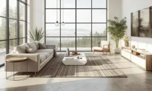 Salón moderno con grandes ventanales. El suelo de microcemento, con sus ventajas y desventajas, complementa el mobiliario minimalista y las vistas al exterior.