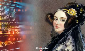 Ada Lovelace, pierwsza programistka, w otoczeniu kodu komputerowego.