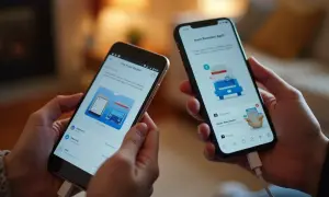 Dwie osoby trzymają telefony, pokazując aplikację do transferu danych. Dowiedz się, jak przenieść dane z telefonu na telefon Samsung za pomocą Smart Switch.