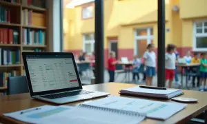 Laptop z danymi finansowymi na biurku, w tle plac zabaw z dziećmi. Zastanawiasz się, ile zarabia pomoc nauczyciela w przedszkolu?