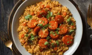 Un délicieux risotto chorizo, garni de persil frais, prêt à être dégusté.