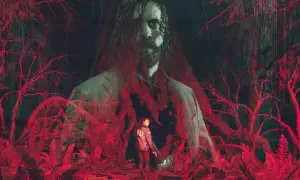 Im düsteren Wald, umgeben von roten Ästen, steht eine FBI-Agentin. Im Hintergrund ragt eine riesige Gestalt auf. Ein Vorgeschmack auf den Alan Wake 2 Test.