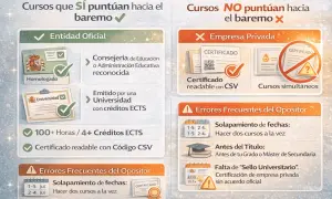 Cursos homologados por entidades oficiales puntúan para el baremo. Los de empresa privada no. Evita solapamientos y asegúrate de que el sello sea universitario.