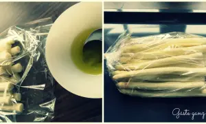 Frischer weißer Spargel im Bratschlauch, bereit für die Zubereitung. Daneben eine Schüssel mit grüner Flüssigkeit, vielleicht Butter oder Öl.